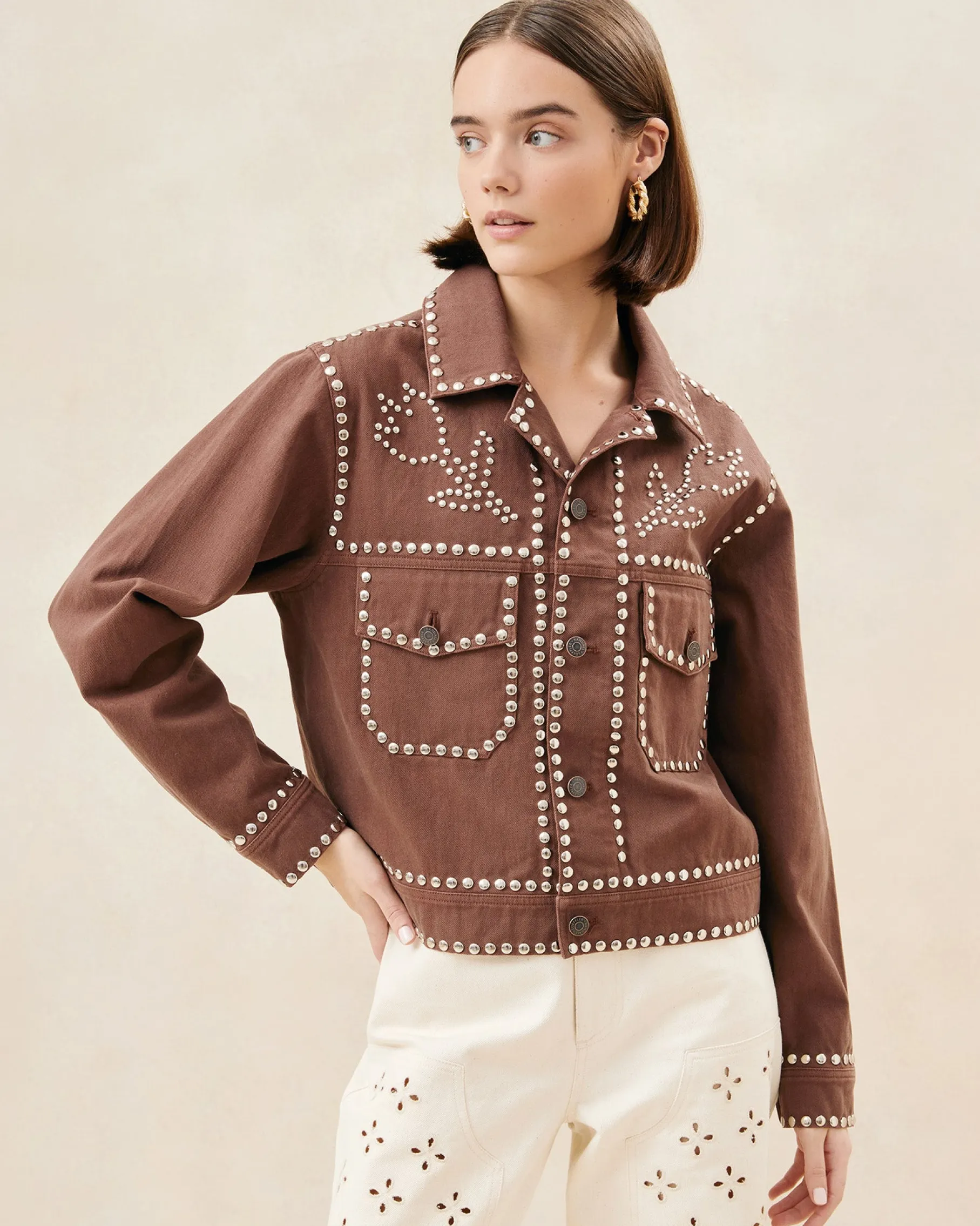 Elijah Espresso Studded Denim Jacket