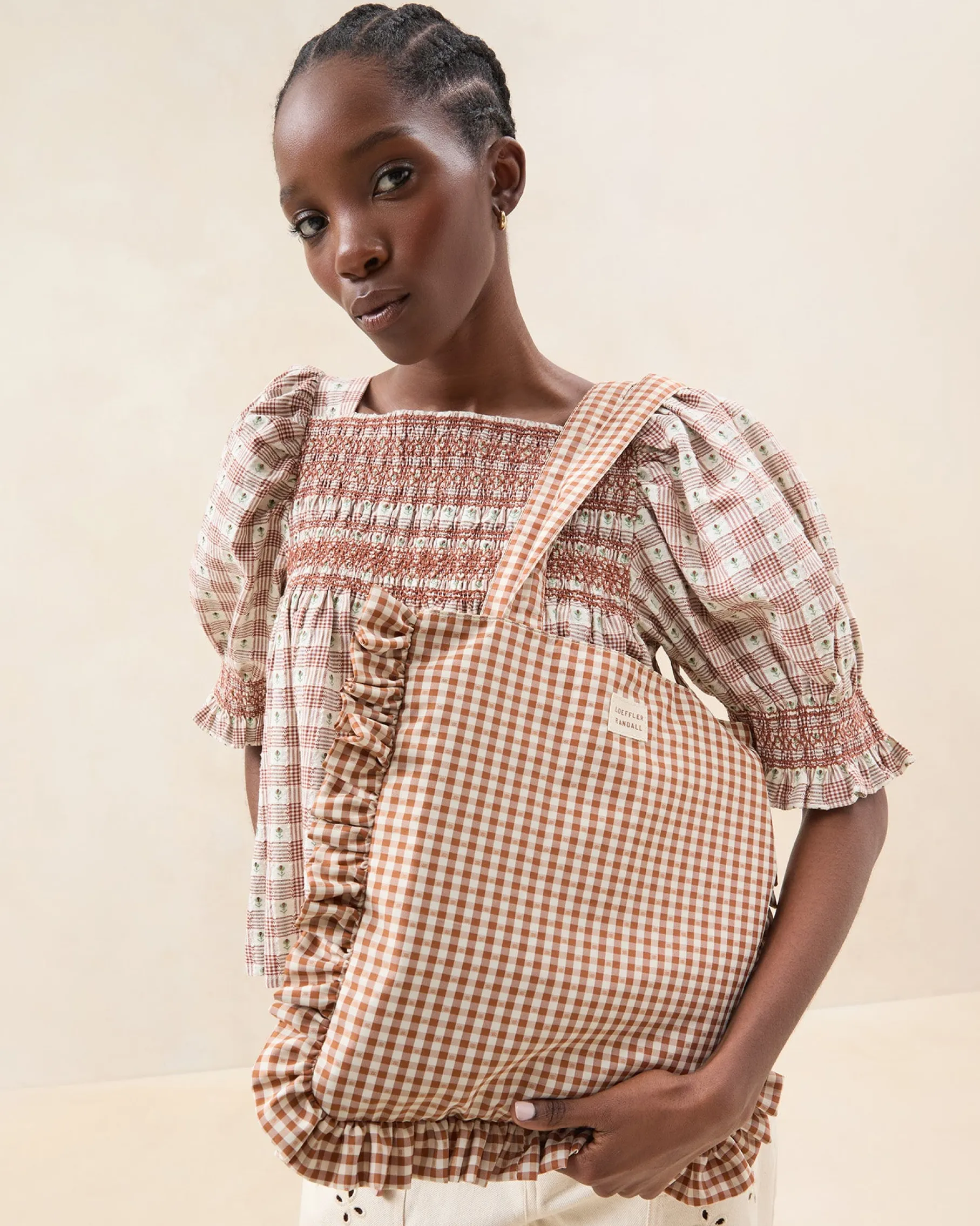 Justine Brown Gingham Ruffle Tote